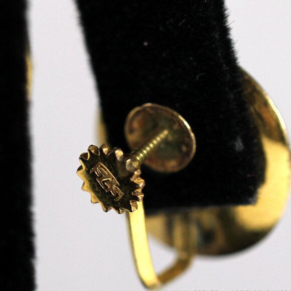 VINTAGE JADE GREEN 16MM 14K YELLOW GOLD DISC SCREW-ON EARRINGS - Picture 5 of 12